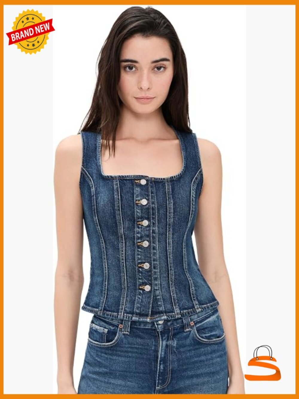 Sculpted Denim Vest, Slim Fit, Sleeveless, Button Closure